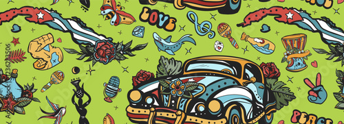 Cuba. Seamless pattern. Havana retro cars. History and culture, island of freedom. Traditional tattooing background