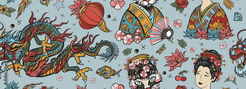Asian background. Chinese dragon, emperor, geisha cat, queen in traditional costume, fan, red lantern, lotus flower. China seamless pattern. Old school tattoo style. Ancient history and culture