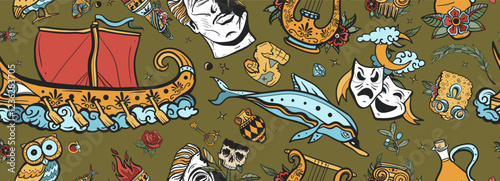 Ancient Greece. Historical myths heroes and legends background. Old school tattoo style. Head statue, old boat, olive, golden fleece. Seamless pattern