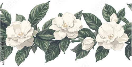 1930s gardenia artwork, detailed sketchy floral illustration, soft white blooms, deep green leaves, vintage botanical art, garden flowers, floral engraving