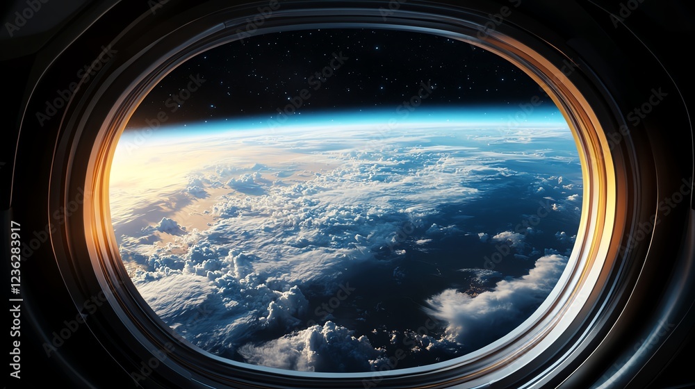 Spaceship window, Earth from orbit, 3D illustration Spaceship window, Earth from orbit, 3D illustration