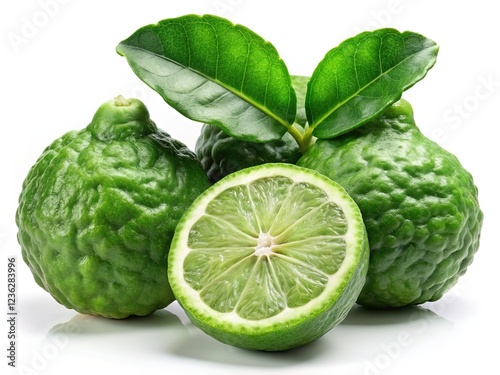 Two Whole Kaffir Limes and One Half with Leaves photo