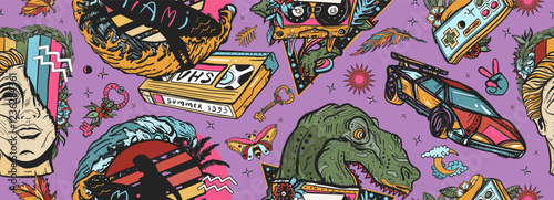 Vaporwave art. Pop culture seamless pattern. Statue head, surfing woman, game controller, VHS type and tyrannosaur, music art. Nostalgic 80s, cyberpunk style.