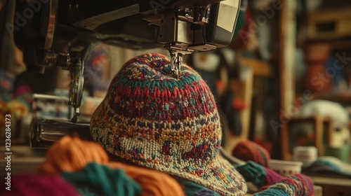 A sewing machine stitching the curved edge of a Moroccan Fez hat with precision.