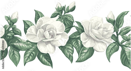 Soft white gardenia flowers, deep green leaves, vintage 1930s botanical artwork, detailed sketch, floral engraving design, classic garden illustration, garden art