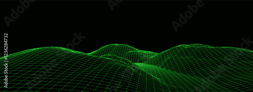 Technology perspective grid with mountain landscape background. Vector digital space wireframe landscape. Green mesh on a black background