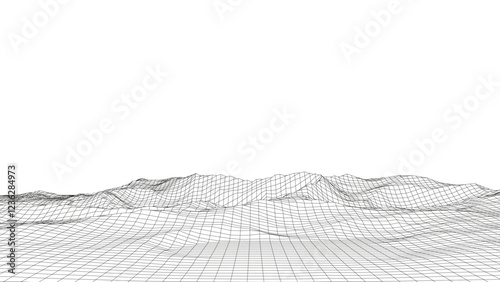 Technology perspective grid with mountain landscape background. Vector digital space wireframe landscape. Black mesh on a white background
