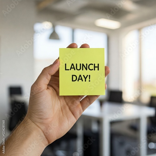 A sticky note that says ‘Launch Day!’ held by a hand, startup business concept. photo