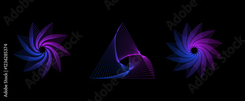 Vector set of twisted colors geometry figures. Spirals fractal element. Sacred geometry with lines and rounded corners in the form star, triangle.