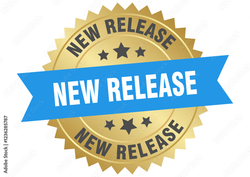 Obraz premium new release. new release round blue and gold label isolated on transparent background