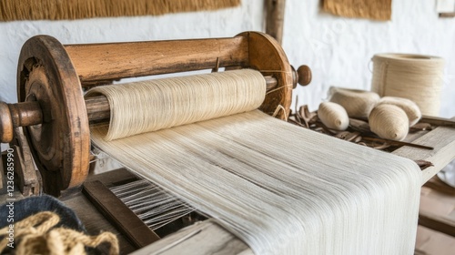 A traditional handloom weaving khadi fabric, surrounded by tailoring tools and materials. photo