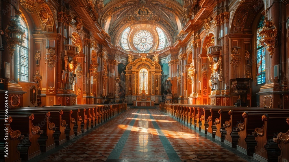 Obraz premium Elaborate Baroque church interior with golden altars, intricate carvings, and wooden pews.