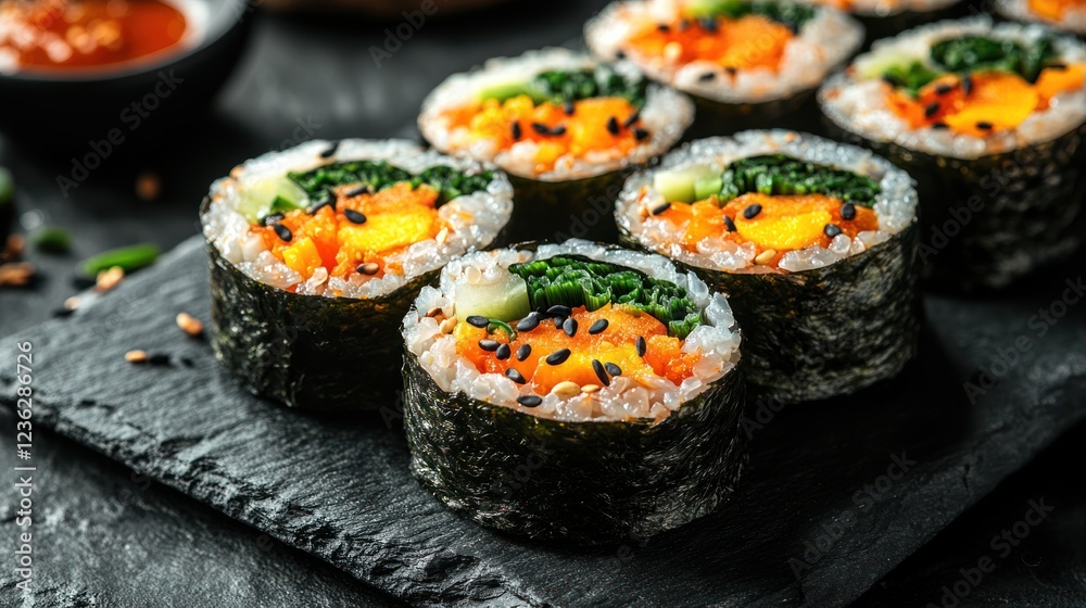 Delicious Kimbap Sushi Rolls on Slate, Closeup Delicious Kimbap Sushi Rolls on Slate, Closeup