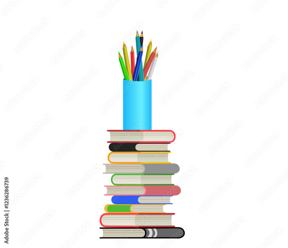 illustration A pile of colorful books with a pencil case on top illustration A pile of colorful books with a pencil case on top