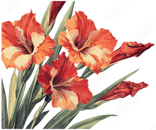 Vintage 1940s Gladiolus flowers, rich red orange blooms, tall green stems, aged texture background