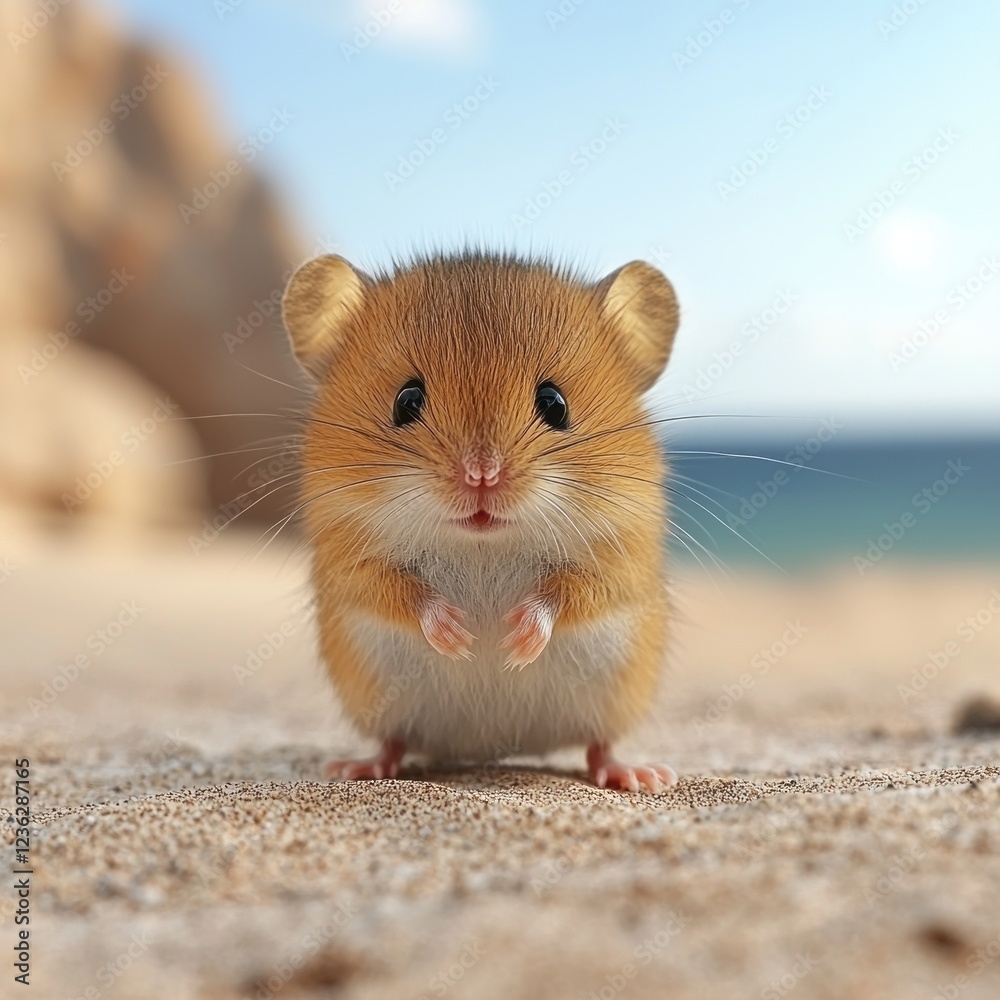 Cute mouse on a sunny beach with rocks and ocean in background Cute mouse on a sunny beach with rocks and ocean in background