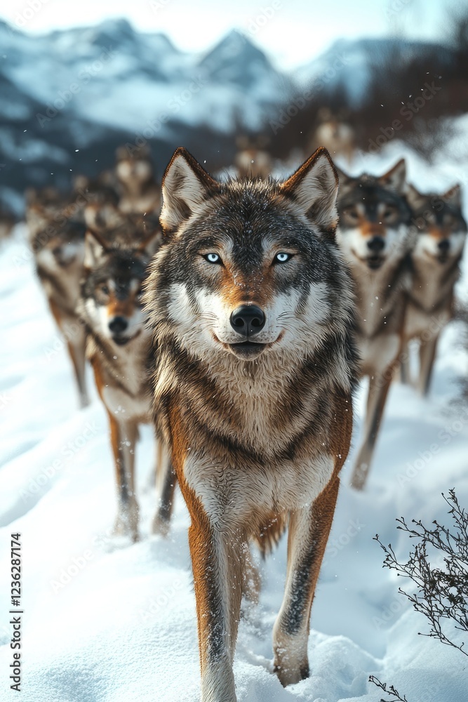Majestic Wolf Leading Pack Through Snowy Mountains Majestic Wolf Leading Pack Through Snowy Mountains