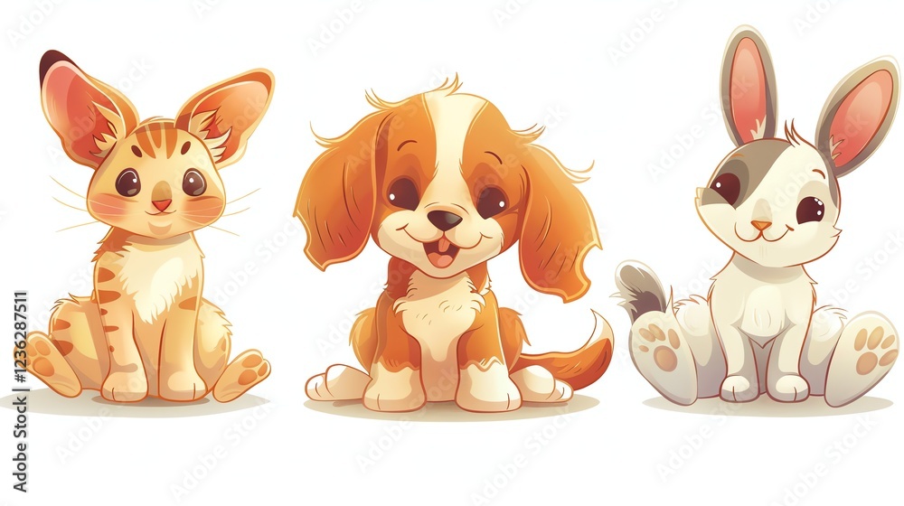 Fototapeta premium A cartoon cat, dog, and rabbit.