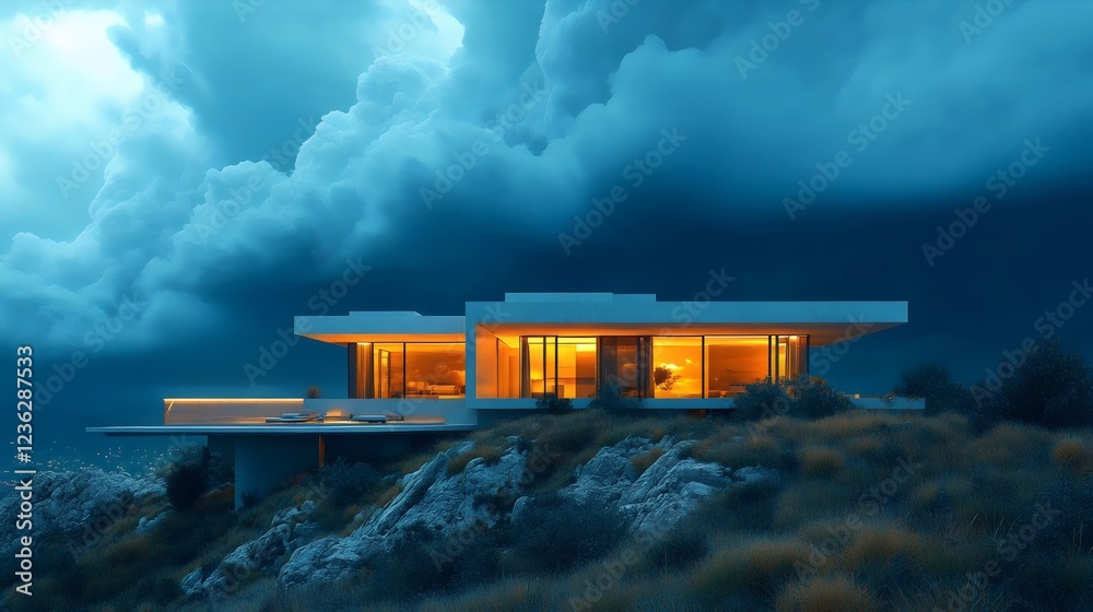 Fototapeta premium A house with a large window overlooking a hill