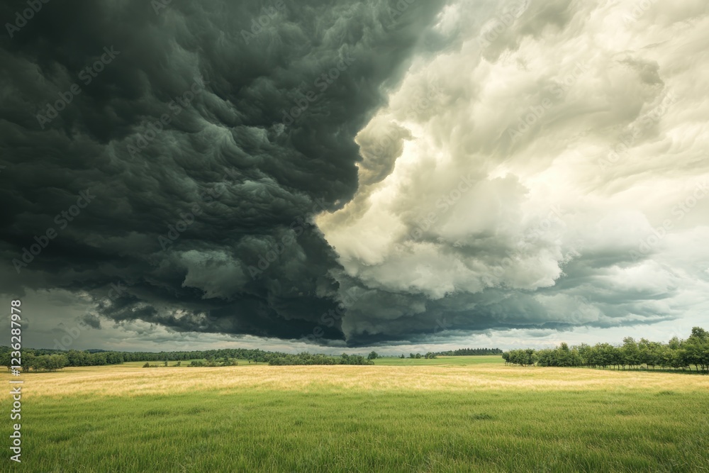 Field Under Contrasting Weather Conditions Showcasing Sunny Skies and Stormy Clouds Highlighting Climate Variation Field Under Contrasting Weather Conditions Showcasing Sunny Skies and Stormy Clouds Highlighting Climate Variation