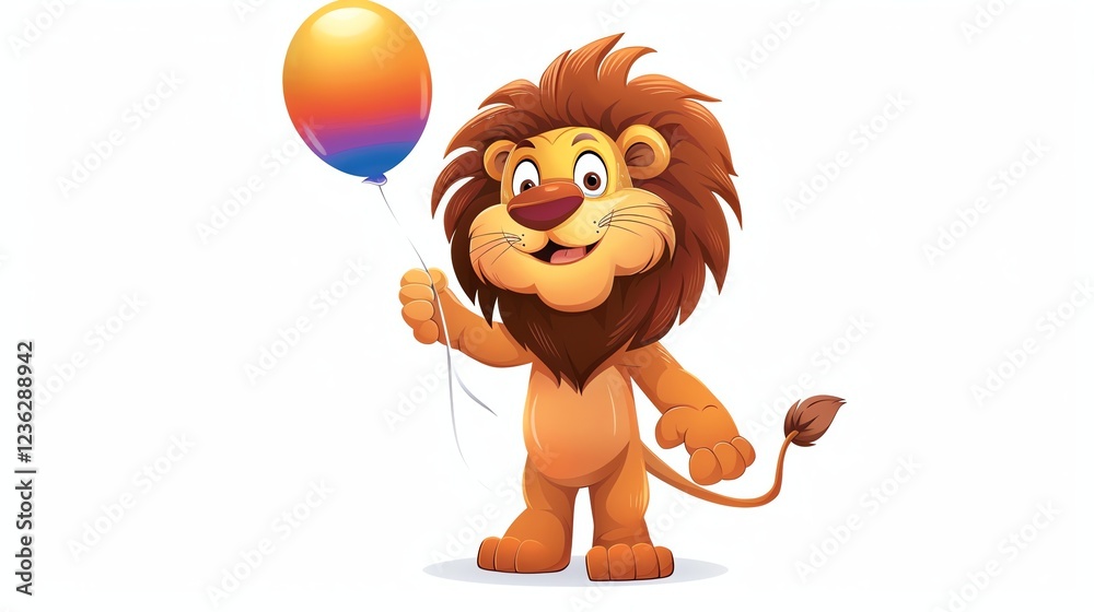 Fototapeta premium A cartoon lion holding a colorful balloon.