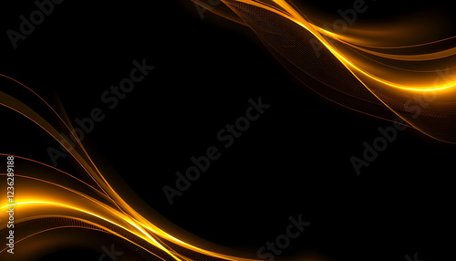 Abstract, golden light trails, flowing energy, dynamic curves, glowing streaks, black background, particle effects, luminous waves, futuristic, ethereal, motion blur, cosmic, digital art, vibrant oran