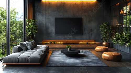 Wallpaper Mural Stylish modern dark living room interior highlighting black empty wall mock up Minimalist furniture and layered textures provide depth and warmth in this elegant 3D render of urban sophistication Torontodigital.ca