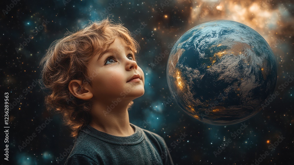 Naklejka premium Child gazing at Earth, space background, wonder, future
