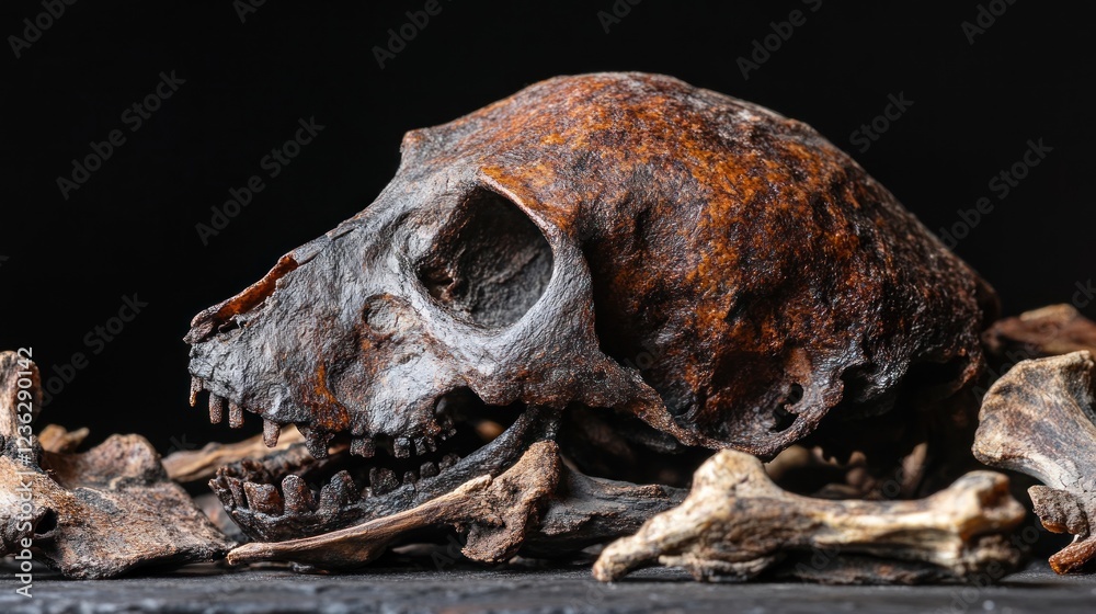 Fototapeta premium Rusty animal skull, bones, dark background, archeological study