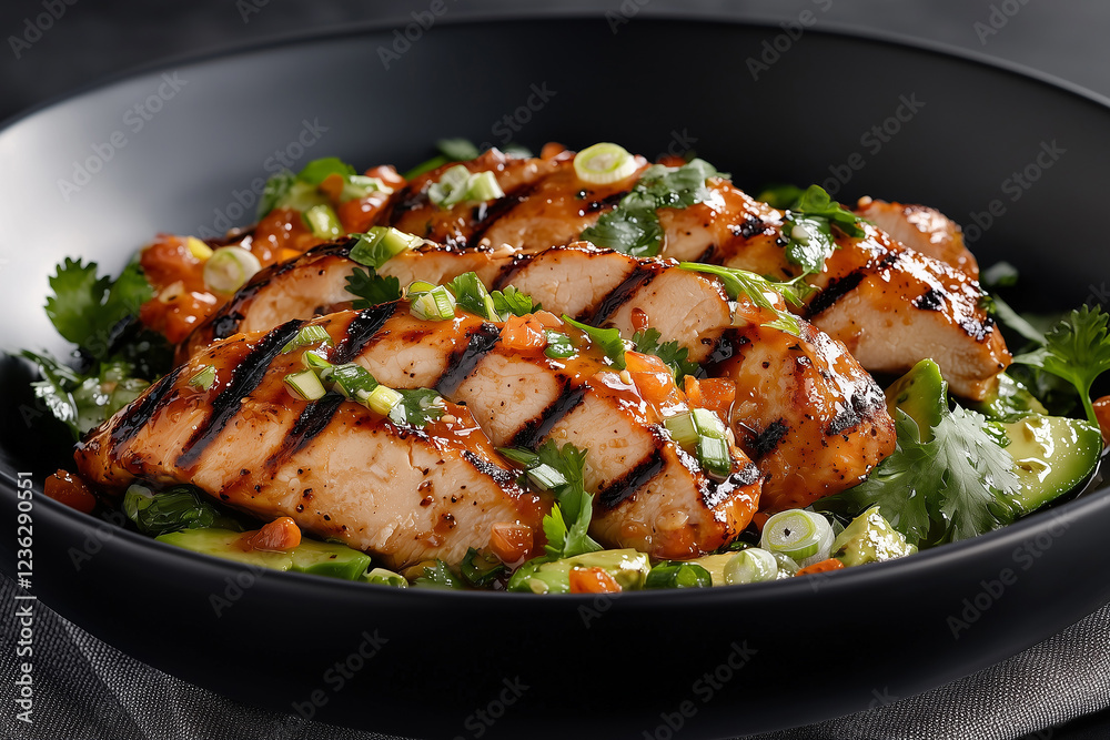 Grilled chicken served on a fresh vegetable bed garnished with herbs and sauces for a flavorful dinner Grilled chicken served on a fresh vegetable bed garnished with herbs and sauces for a flavorful dinner