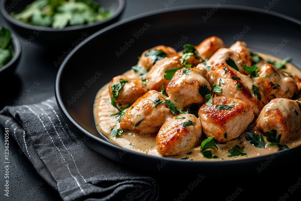 Creamy chicken gnocchi served in a black bowl, garnished with fresh herbs on a dark table Creamy chicken gnocchi served in a black bowl, garnished with fresh herbs on a dark table