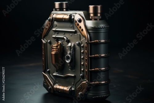 Metal flask with visible pipes, gauges, rivets, and copper details, reminiscent of steampunk aesthetics, placed on a dark background photo