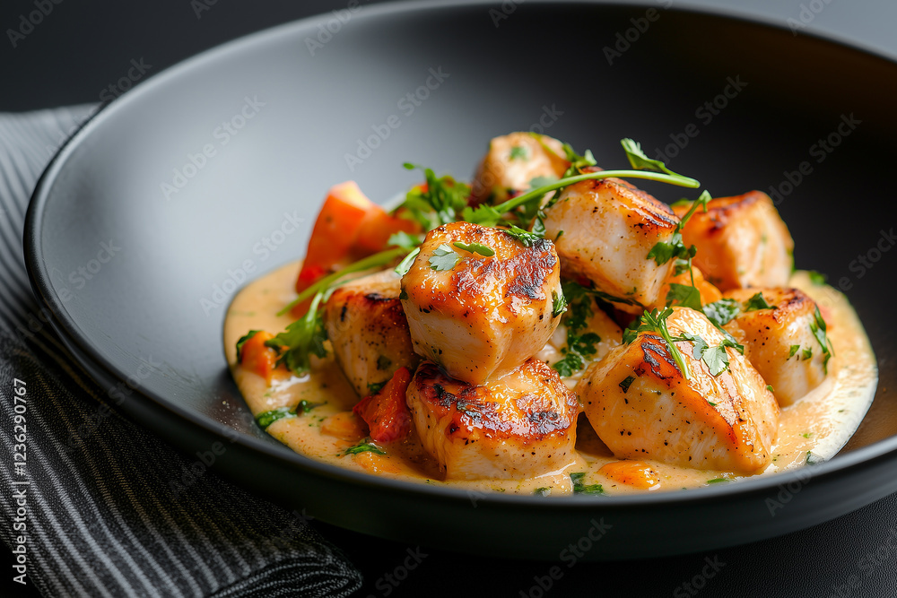 Grilled scallops served in a creamy sauce with fresh herbs and sautéed vegetables at a fine dining restaurant Grilled scallops served in a creamy sauce with fresh herbs and sautéed vegetables at a fine dining restaurant