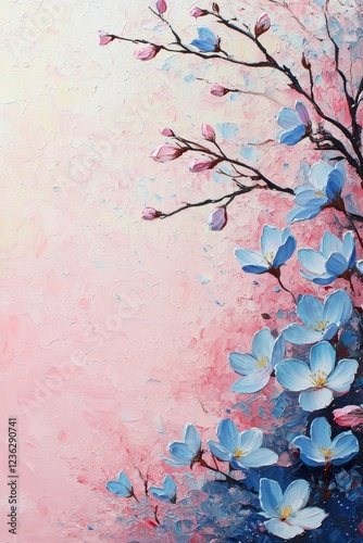 Dreamy Delicate Blue Magnolia Blossoms on Pink, Spring Floral Background with Copy Space photo