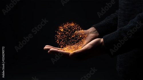 The image depicts a cupped human hand cradling a glowing pulsating orb of light representing the core of an advanced intelligence system  This futuristic
