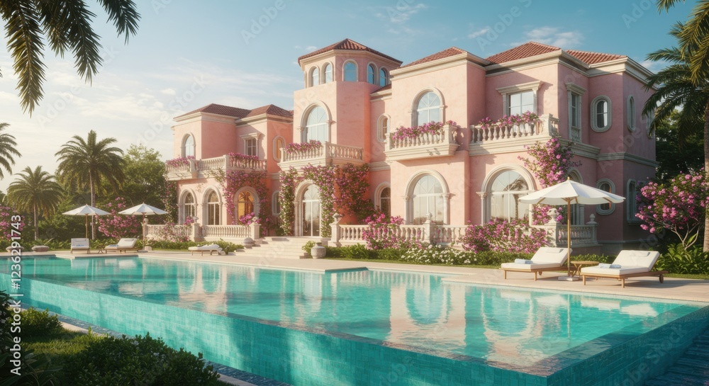 Fototapeta premium Luxury Pink Villa with Infinity Pool and Tropical Views