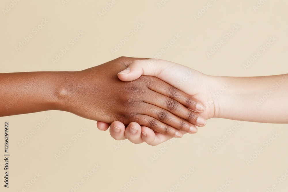 Fototapeta premium Two Hands of Different Skin Tones Engaging in a Firm Handshake Against a Soft Beige Background, Symbolizing Unity and Connection