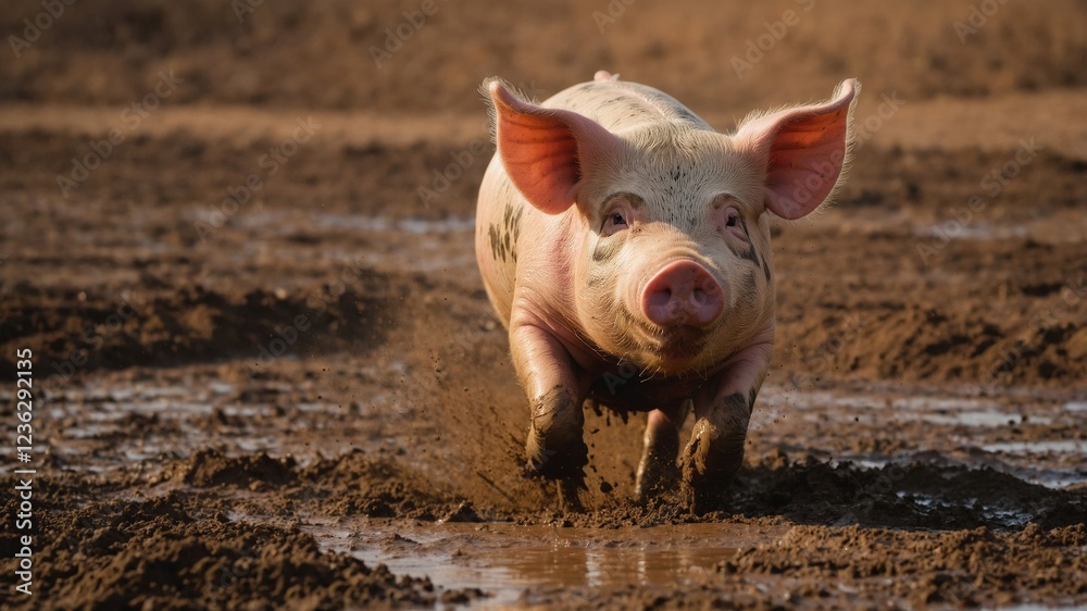 Piglet Running in Mud,Farm Animal,Agriculture Piglet Running in Mud,Farm Animal,Agriculture