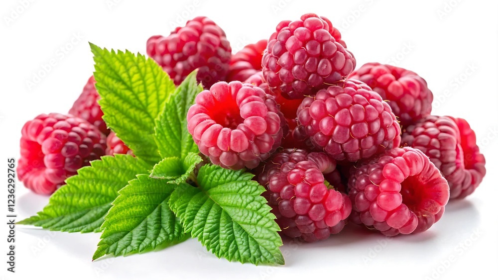 A pile of fresh raspberries with mint on a white background. A pile of fresh raspberries with mint on a white background.