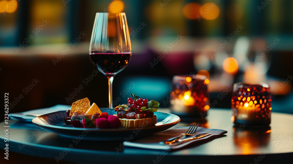 Elegant dining experience with gourmet dessert and red wine served in a candlelit restaurant setting Elegant dining experience with gourmet dessert and red wine served in a candlelit restaurant setting