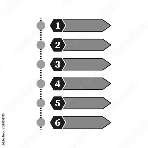 Numbered timeline graphic. Arrows with numbers. Sequential infographic design. Grey and black vector.