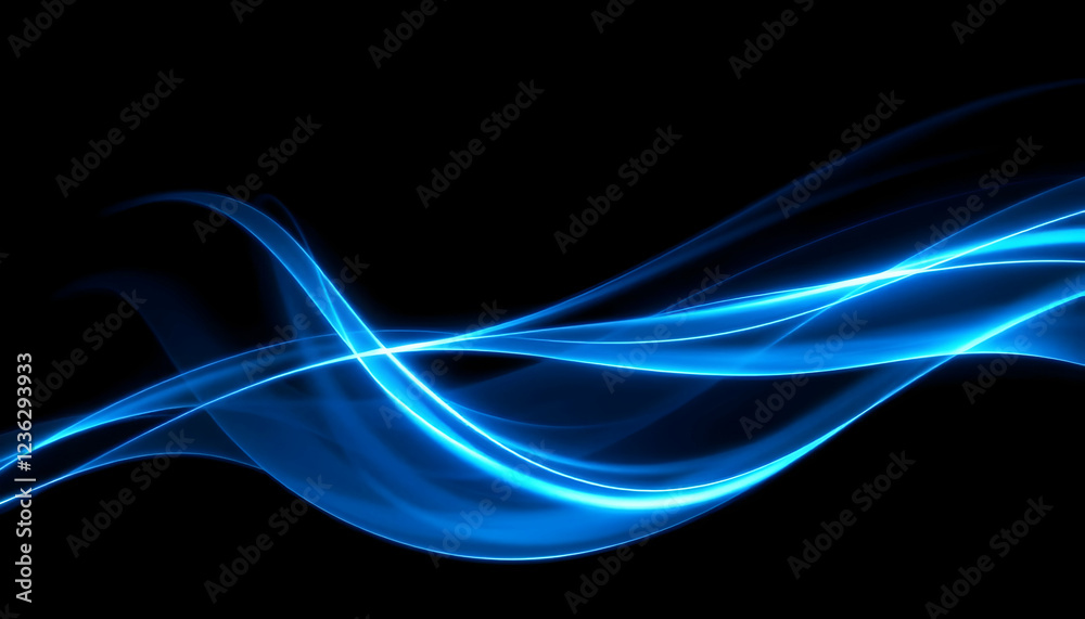 Naklejka premium Abstract waves, glowing blue lines, orange light, black background, digital art, smooth curves, ethereal, luminous, energy flow, futuristic, vibrant colors, dynamic composition, sleek design, minimali