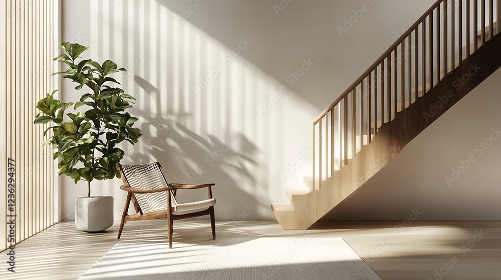 Fototapeta premium Modern minimalist interior with wooden staircase and armchair