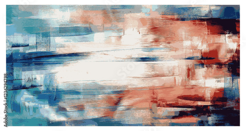 Dynamic fusion of blue, white, and red brushstrokes creates a sense of movement and fluidity. The bold contrasts and layered textures evoke energy, resembling a turbulent sky or ocean waves