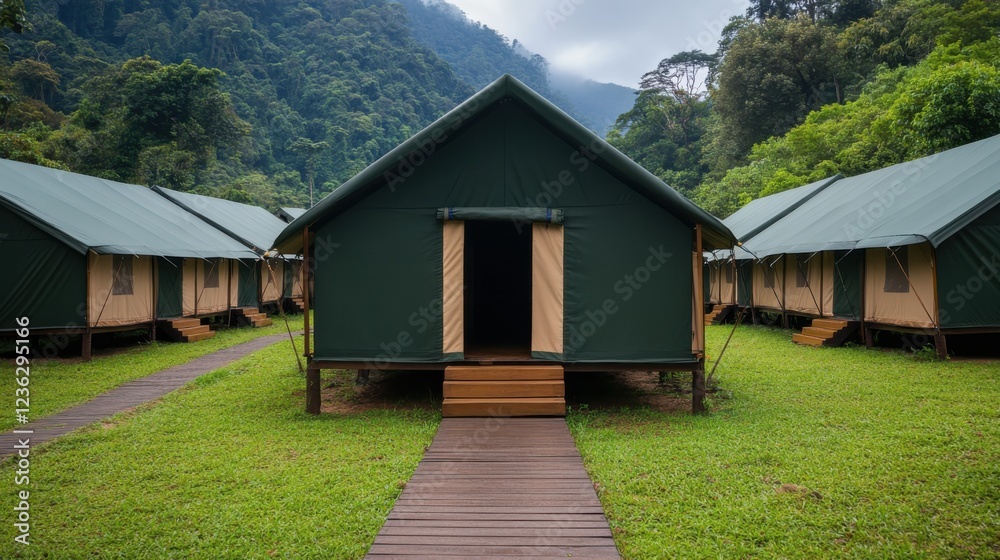 Fototapeta premium Luxurious Jungle Adventure Campsite Surrounded by Rugged Tents and Lush Greenery A Serene Escape into the Heart of Nature for Outdoor Enthusiasts and Thrill Seekers