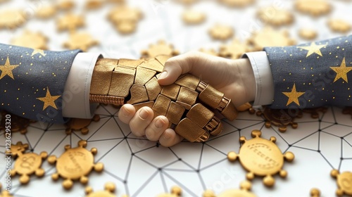 Human and robotic handshaking gold robotic arm and human hand shaking on a network of golden coins