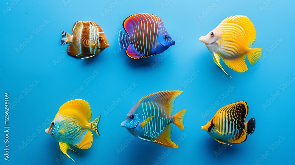 A group of colorful fish against a blue background. A group of colorful fish against a blue background.