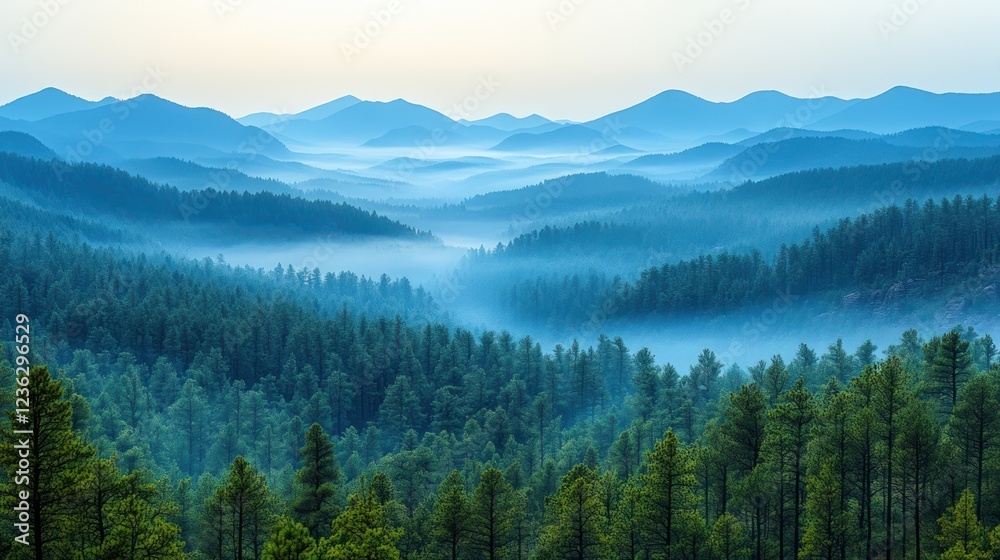 Obraz premium Misty mountain valley view of pine forest at dawn