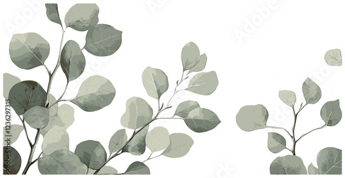 Eucalyptus leaves in soft green hues with muted gray tones, designed in a detailed engraving style, complemented by a white textured background for a refined appearance