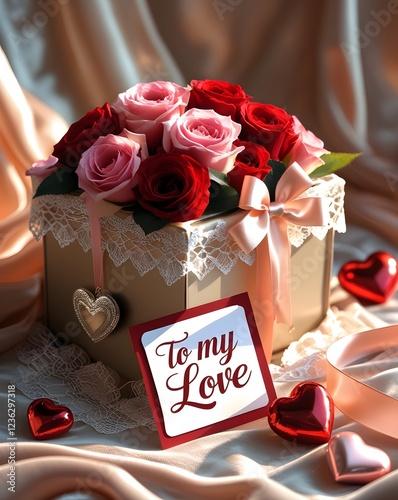 A gift with red & pink roses, surrounded by heart-shaped ornaments with sense of luxury and romance, scripted 